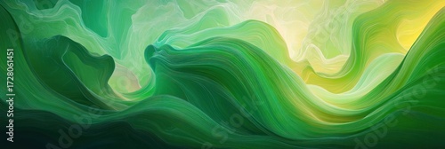 Abstract swirling green waves with hints of yellow and light tones creating an organic, flowing, and tranquil landscape-like impression