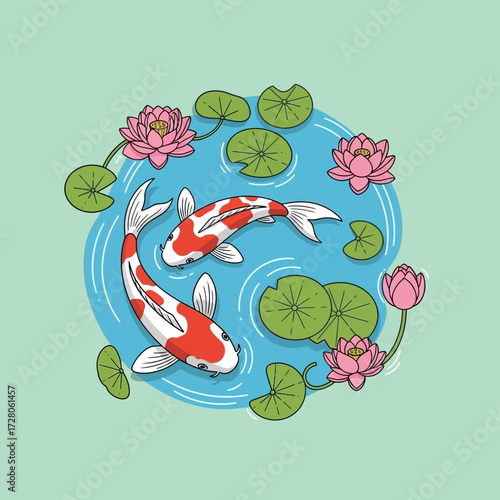 Serene koi pond illustration with vibrant colors and graceful fish movement adding beauty to the