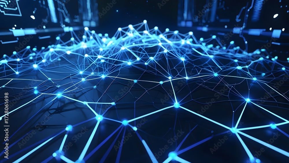Obraz premium Blue light neural web lines forming AI network on abstract dark tech