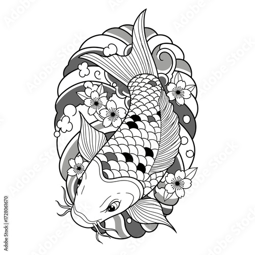 Elegant koi fish illustration with waves and cherry blossoms for tattoo design or artistic project