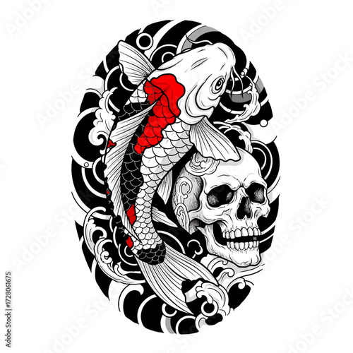 Elegant koi fish and skull illustration symbolizing life's journey and mortality's embrace