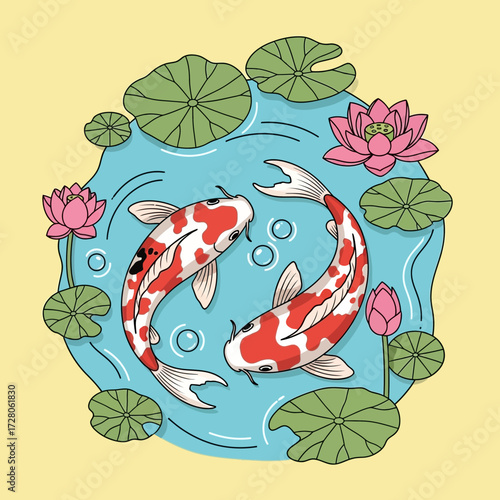 Elegant koi fish gracefully swimming amidst water lilies in a serene pond illustration