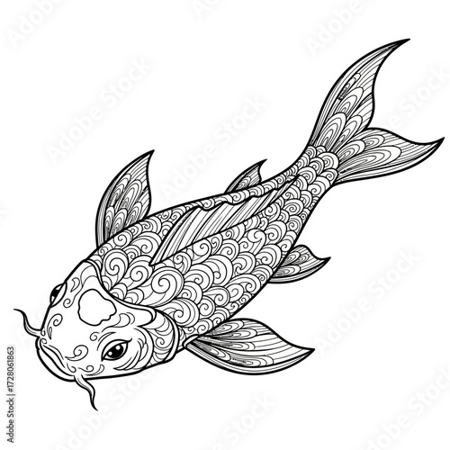 Elegant koi fish illustration with intricate scale patterns perfect for coloring books and