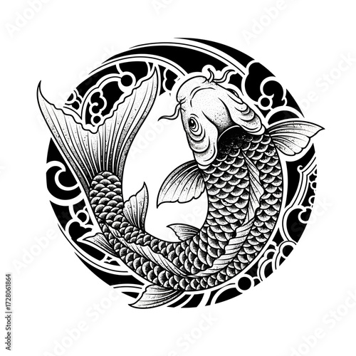 Elegant koi fish ink drawing with circular frame featuring traditional japanese motifs