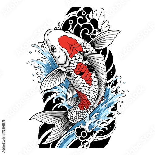 Elegant japanese koi fish illustration with water and traditional wave patterns design