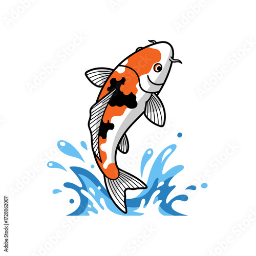 Elegant koi fish illustration with vibrant orange and black markings leaping out of water