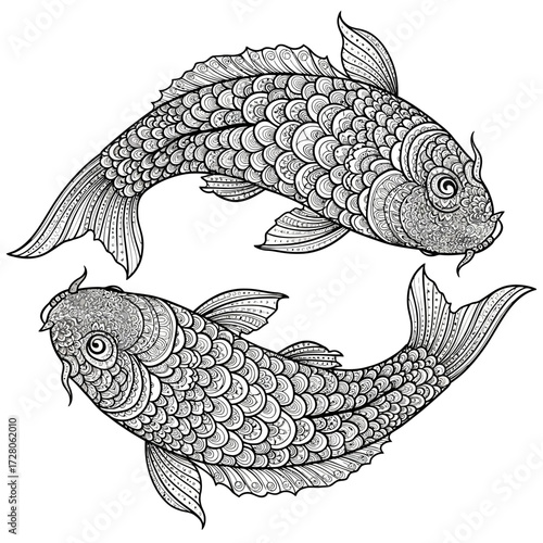 Elegant Koi Fish Yin Yang Symbol in Detailed Hand Drawn Illustration with Scales and Fins