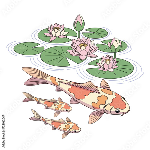 Elegant koi fish swimming beneath serene water lilies illustration with soft pastel hues and