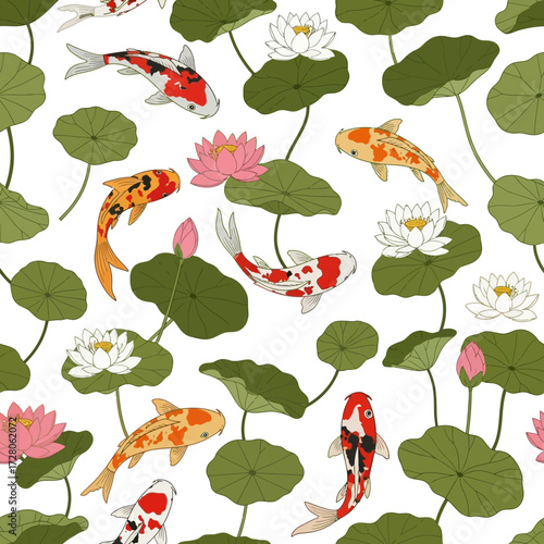 Elegant pattern featuring koi fish and lotus flowers creating a serene oriental scene suitable for