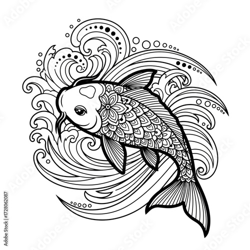 Elegant koi fish illustration with intricate wave patterns symbolizes perseverance success