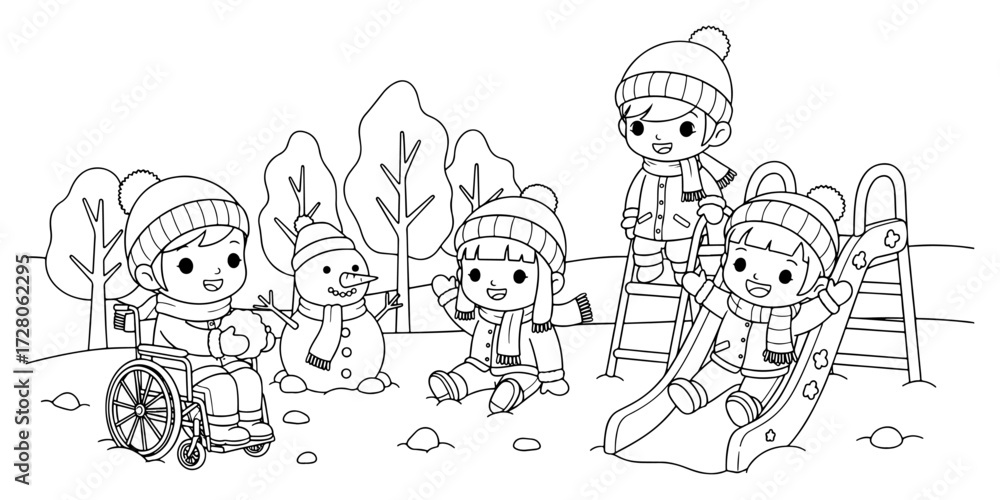 Fototapeta premium Whimsical Inclusive Coloring Page of Children in Snow