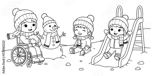 Cozy Winter Outfits Coloring Page with Snow Play