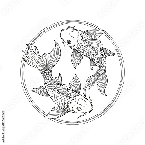 Elegant koi fish yin yang design in a circular frame evoking harmony and balance creating timeless