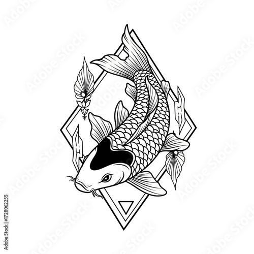 Elegant koi fish illustration with geometric diamond frame symbolizing good fortune and perseverance