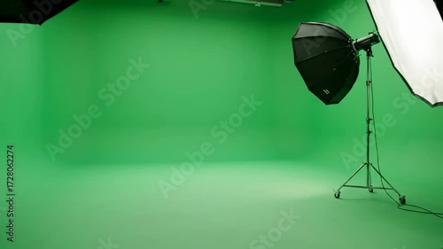 Modern film and television production studio with a large green screen cyclorama wall and professional lighting equipment