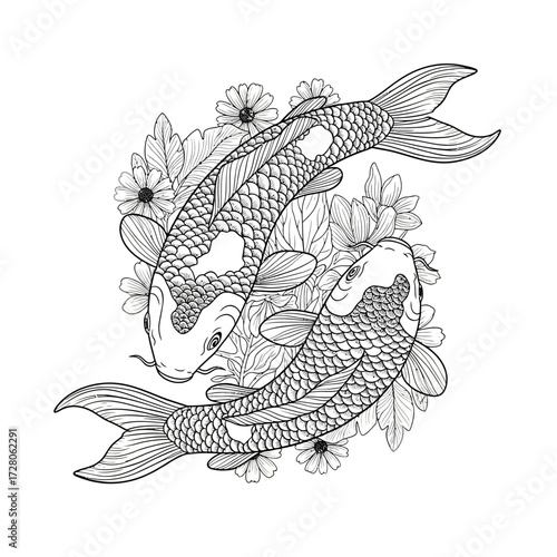 Elegant Koi Fish Duo with Floral Accents: A Serene Symbol of Harmony and Balance