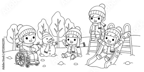 Whimsical Inclusive Coloring Page of Children in Snow