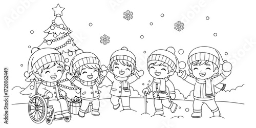 Children with Disabilities Playing in the Snow Scene
