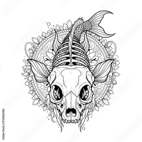 Intricate line art depicting a surreal fusion of animal skull and fish within mandala pattern