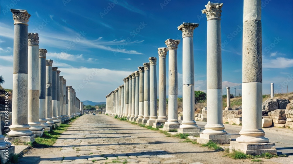 Fototapeta premium Ancient stone columns lining a crumbling colonnaded street in Perge