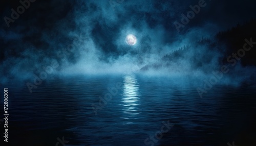 Fototapeta Naklejka Na Ścianę i Meble -  Full moon shining over a misty lake with a silhouette of forested hills under a dark blue night sky creating a mysterious and calm atmosphere