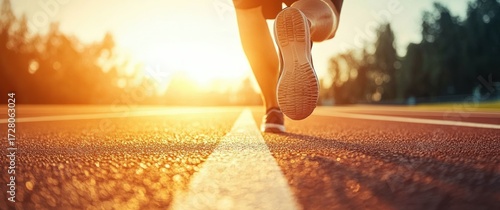 Close-up view of a runner's foot in mid-stride on a sunlit outdoor track at sunrise or sunset, conveying energy and motion