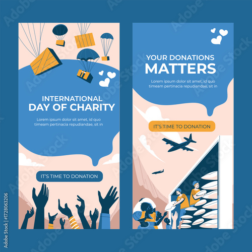 Charity event vertical banners illustration featuring humanitarian aid, donation boxes with parachutes, and volunteers distributing supplies. The design highlights International Day of Charity