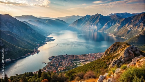 Boka Kotorska bay panoramic view from hilltop