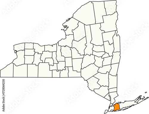 Detailed vector map of New York, USA, highlighting Nassau County, a dense Long Island suburb.

