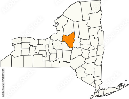 Detailed vector map of New York, USA, highlighting Oneida County in the Central New York region.

