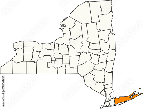 Detailed vector map of New York, USA, highlighting Suffolk County on Eastern Long Island for regional analysis.

