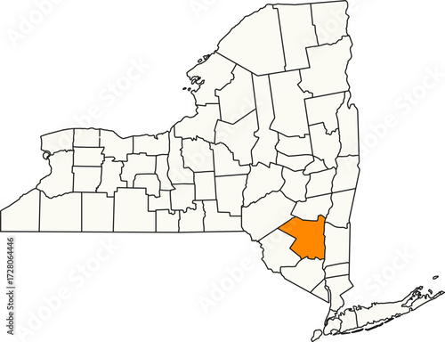 Detailed vector map of New York, USA, highlighting Ulster County in the scenic Mid-Hudson Valley.

