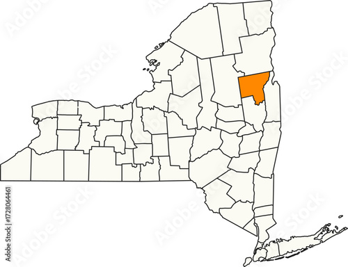 Detailed vector map of New York, USA, highlighting Warren County with Lake George for tourism reports.

