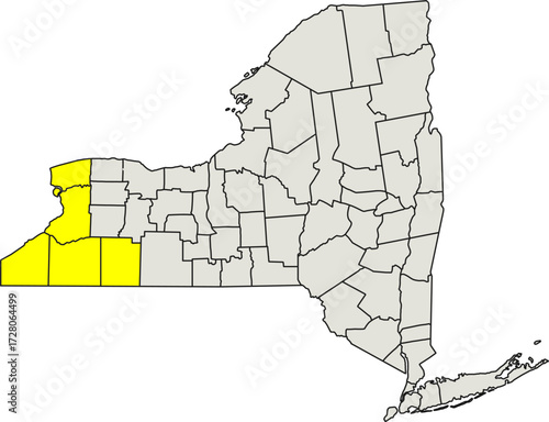Detailed vector map of New York, USA, highlighting the Western New York region for industrial reports.

