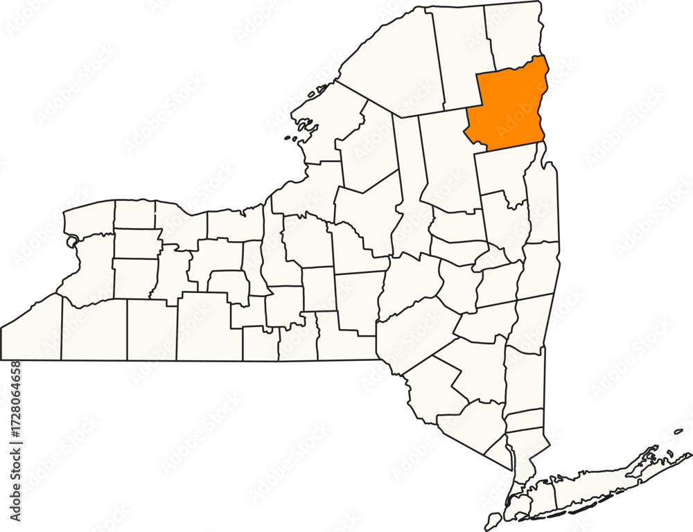 Fototapeta premium Detailed vector map of New York, USA, highlighting Essex County, home to the Adirondack High Peaks.