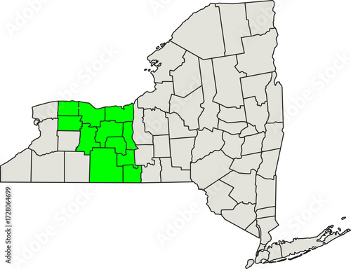 Finger Lakes region map of New York, USA, highlighting the scenic lakes area for tourism and wine reports.

