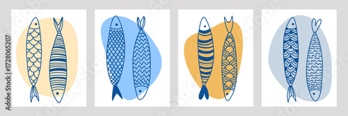 Fish set with pattern illustrations. Posters Set. Minimalism, Vector, Line style. Sardines, sea poster. Blue color, Scandinavian, Folk


