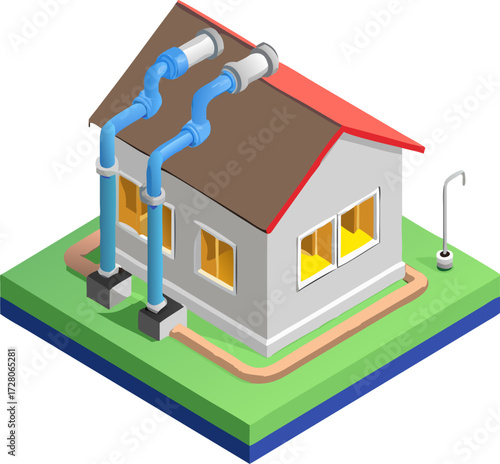 Isometric view of a house with visible plumbing system pipes and fixtures
