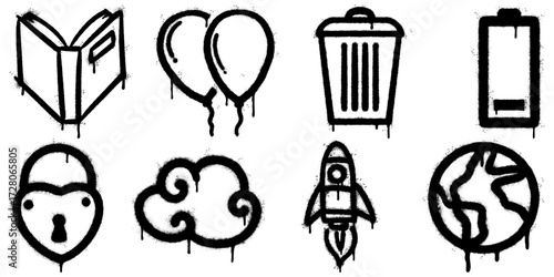 Collection of black and white graffiti spray icons with dripping paint effect, including book, balloons, trash bin, battery, monkey face, cloud, rocket, and earth.
