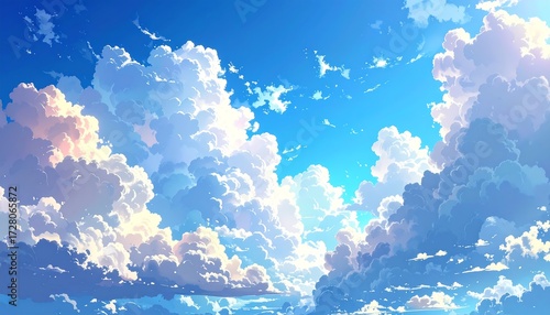 A vibrant digital illustration of a vast sky filled with cumulus clouds
