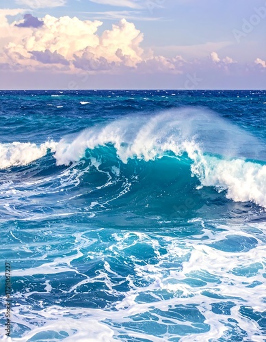 A powerful ocean wave crests, turquoise water explodes into white foam under a partly cloudy sky