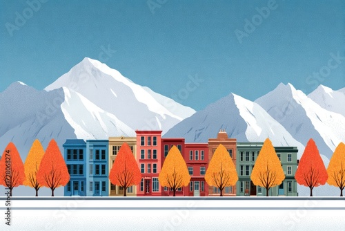 Vibrant geometric landscape with row of colorful buildings, autumn trees and snow-capped mountains, symmetrical travel poster for brand campaign or brochure

