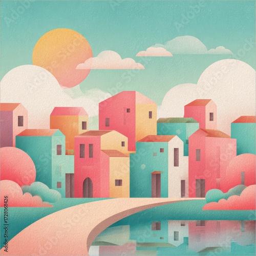 Pastel cute town flat geometric illustration with cubic buildings, winding path and pond reflection, cozy concept for social media avatar or kids app design

