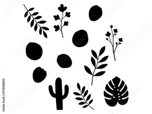 Collection of black botanical silhouettes and abstract shapes. A minimalist graphic design elements set