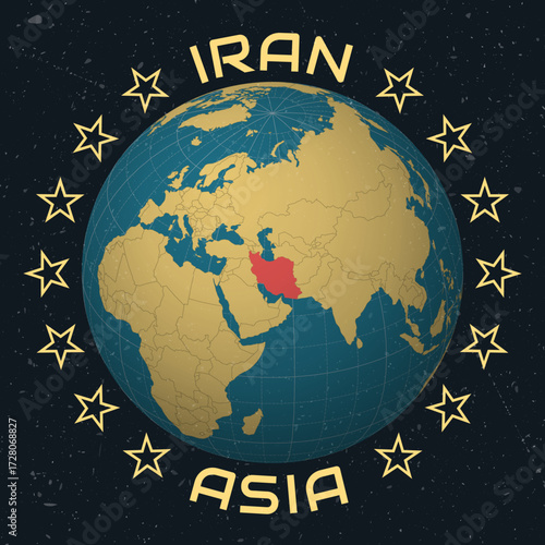 Islamic Republic of Iran on Globe. Country name round text. Vintage look with grunge scratched texture. Country view on world map in Sky Blue Light Yellow color palette. Iran shape on map.