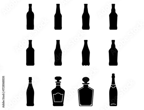 Collection of Minimalist Black and White Bottle Silhouette Vector Graphics in Varied Styles