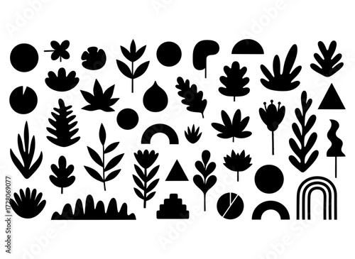 Diverse collection of black silhouette botanical elements and shapes perfect for modern design projects