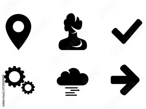 Fundamental black vector icons representing common digital interface elements for modern web and application design