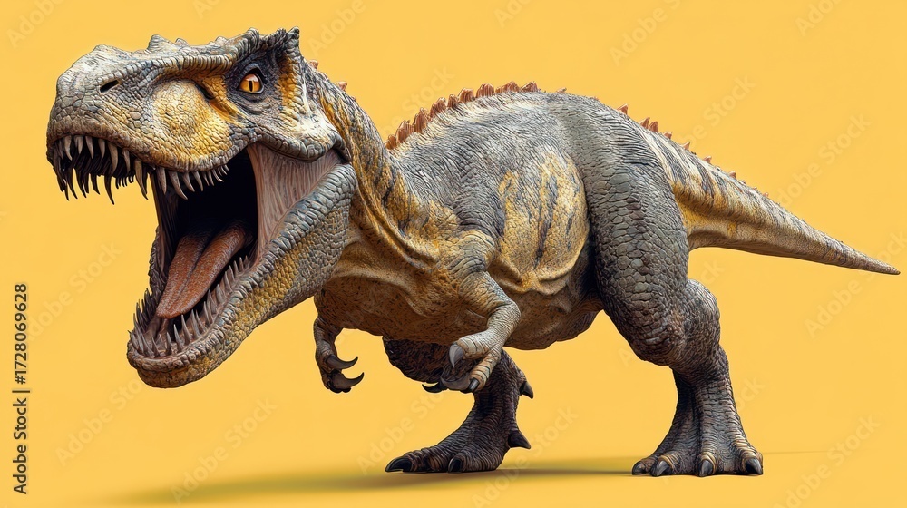 Naklejka premium Detailed close-up of a fierce and realistic dinosaur with an open mouth showing sharp teeth against a solid yellow background