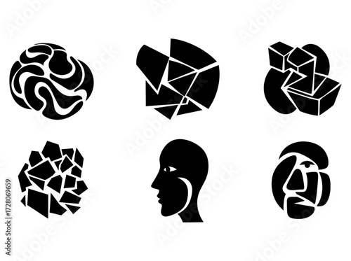 Set of abstract vector icons representing complex mental processes, human psychology, and thought patterns